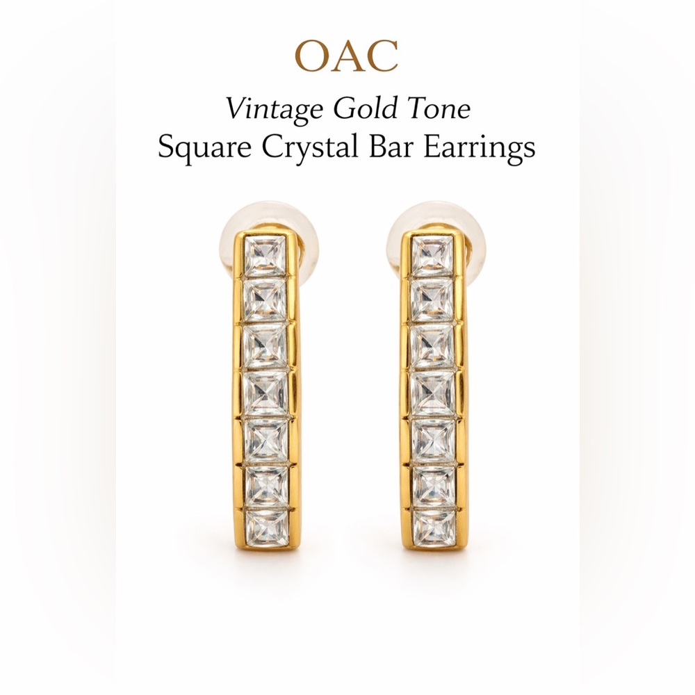 Y2K OAC Gold Tone J-Shape Earrings Square Cut Rhinestones